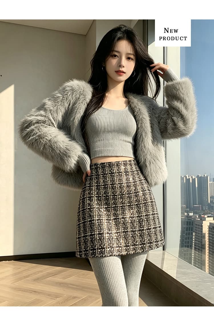 실사 체크무늬 반신 스커트 여성 2026 가을 겨울 레트로 체크무늬 미니 스커트 트위드 하이웨이스트 슬림해 보이는 한 마디 타이트 스커트 상세 이미지 25