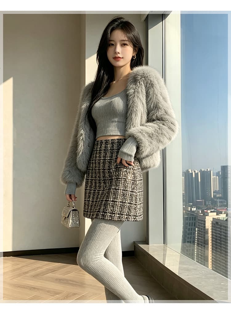 실사 체크무늬 반신 스커트 여성 2026 가을 겨울 레트로 체크무늬 미니 스커트 트위드 하이웨이스트 슬림해 보이는 한 마디 타이트 스커트 상세 이미지 27