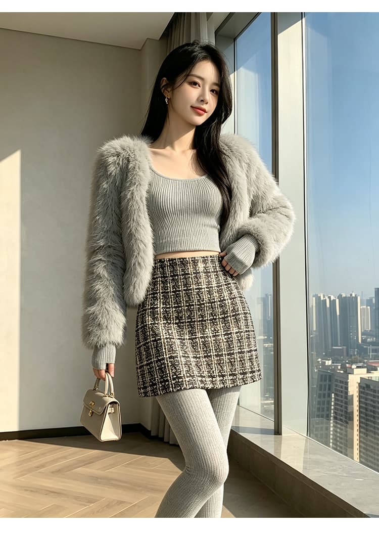 실사 체크무늬 반신 스커트 여성 2026 가을 겨울 레트로 체크무늬 미니 스커트 트위드 하이웨이스트 슬림해 보이는 한 마디 타이트 스커트 상세 이미지 28