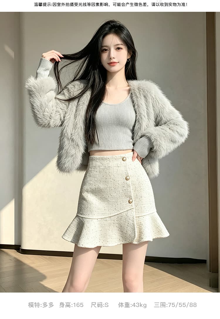 실사 작은 샤넬 스타일 스팽글 짧은 치마바지 여성 가을 겨울 하이웨이스트 디스플레이 농땡이 부리다 불규칙 한 마디 타이트 스커트 프릴 인어 꼬리 스커트 상세 이미지 8