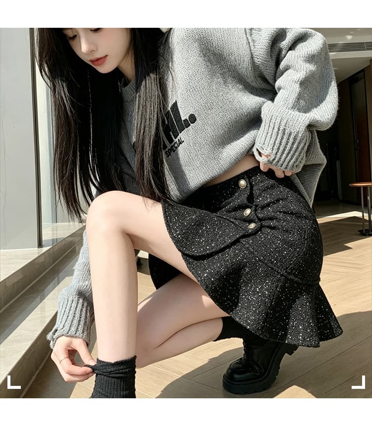 실사 작은 샤넬 스타일 스팽글 짧은 치마바지 여성 가을 겨울 하이웨이스트 디스플레이 농땡이 부리다 불규칙 한 마디 타이트 스커트 프릴 인어 꼬리 스커트 상세 이미지 26