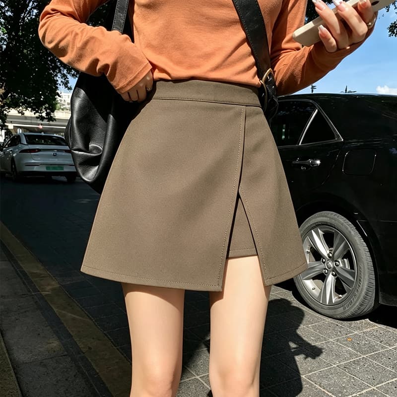 실사 2026 봄 가을 새로운 하이웨이스트 다용도 슬림해 보이는 트임 페이크 레이어드 바지 한 마디 반신 스커트 정장 미니 스커트 이미지 2