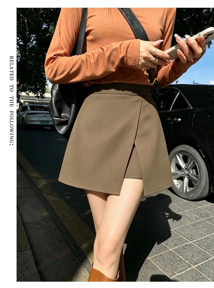 실사 2026 봄 가을 새로운 하이웨이스트 다용도 슬림해 보이는 트임 페이크 레이어드 바지 한 마디 반신 스커트 정장 미니 스커트 상세 이미지 9