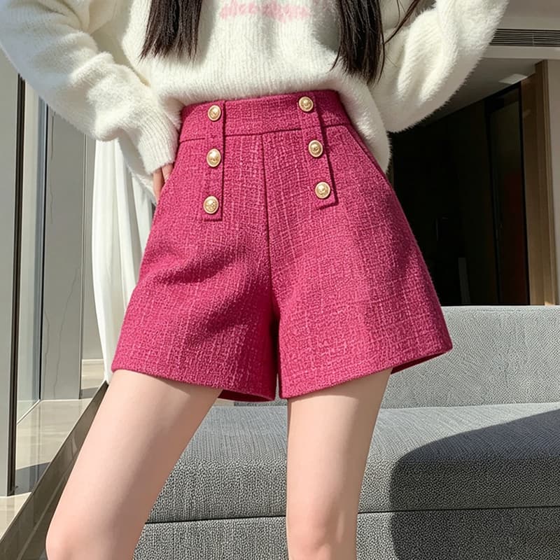 실사 털 모직 한 마디 와이드 레그 팬츠 반바지 이중 버튼 루즈핏 슬림해 보이는 하이웨이스트 캐주얼 바지 레깅스 착용 어린이 이미지 2