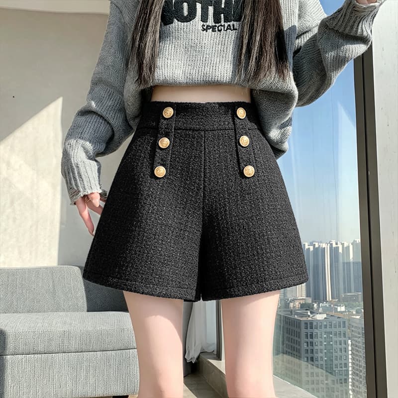 실사 털 모직 한 마디 와이드 레그 팬츠 반바지 이중 버튼 루즈핏 슬림해 보이는 하이웨이스트 캐주얼 바지 레깅스 착용 어린이 이미지 4