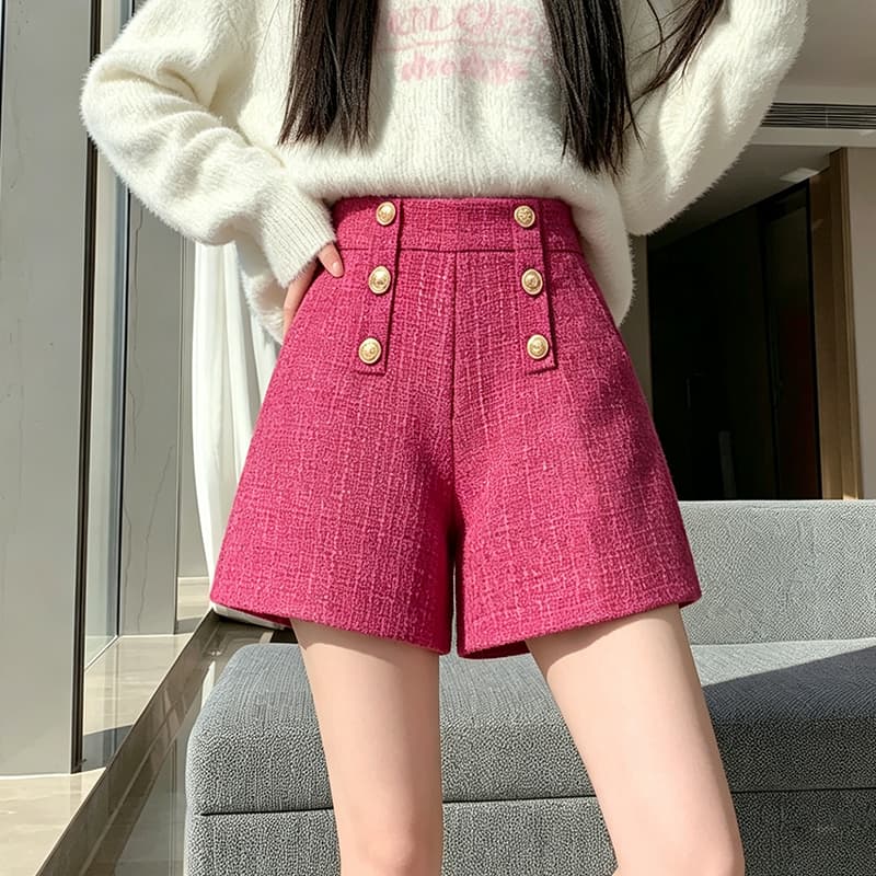 실사 털 모직 한 마디 와이드 레그 팬츠 반바지 이중 버튼 루즈핏 슬림해 보이는 하이웨이스트 캐주얼 바지 레깅스 착용 어린이 이미지 5