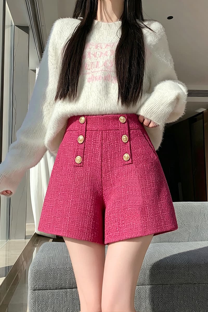 실사 털 모직 한 마디 와이드 레그 팬츠 반바지 이중 버튼 루즈핏 슬림해 보이는 하이웨이스트 캐주얼 바지 레깅스 착용 어린이 이미지 7
