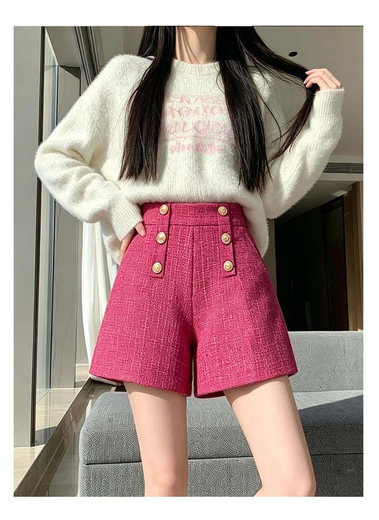 실사 털 모직 한 마디 와이드 레그 팬츠 반바지 이중 버튼 루즈핏 슬림해 보이는 하이웨이스트 캐주얼 바지 레깅스 착용 어린이 상세 이미지 1