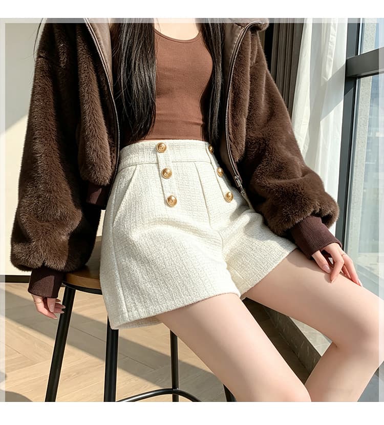 실사 털 모직 한 마디 와이드 레그 팬츠 반바지 이중 버튼 루즈핏 슬림해 보이는 하이웨이스트 캐주얼 바지 레깅스 착용 어린이 상세 이미지 12