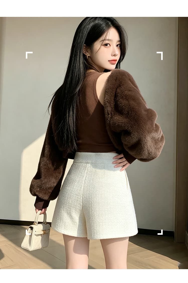 실사 털 모직 한 마디 와이드 레그 팬츠 반바지 이중 버튼 루즈핏 슬림해 보이는 하이웨이스트 캐주얼 바지 레깅스 착용 어린이 상세 이미지 14