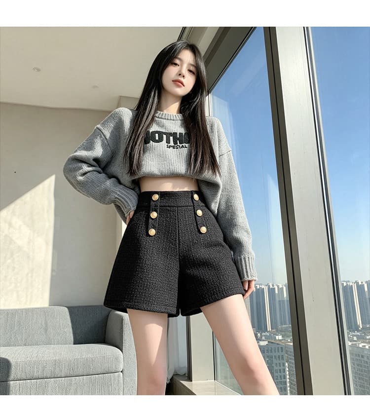 실사 털 모직 한 마디 와이드 레그 팬츠 반바지 이중 버튼 루즈핏 슬림해 보이는 하이웨이스트 캐주얼 바지 레깅스 착용 어린이 상세 이미지 15