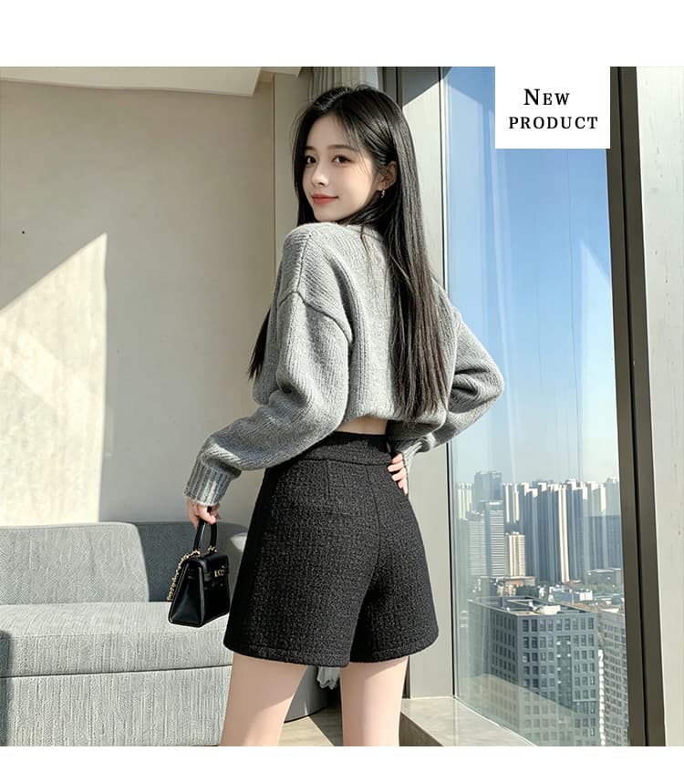 실사 털 모직 한 마디 와이드 레그 팬츠 반바지 이중 버튼 루즈핏 슬림해 보이는 하이웨이스트 캐주얼 바지 레깅스 착용 어린이 상세 이미지 17