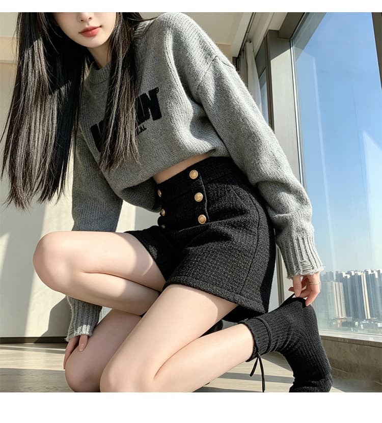 실사 털 모직 한 마디 와이드 레그 팬츠 반바지 이중 버튼 루즈핏 슬림해 보이는 하이웨이스트 캐주얼 바지 레깅스 착용 어린이 상세 이미지 20