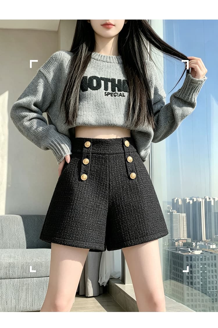 실사 털 모직 한 마디 와이드 레그 팬츠 반바지 이중 버튼 루즈핏 슬림해 보이는 하이웨이스트 캐주얼 바지 레깅스 착용 어린이 상세 이미지 21
