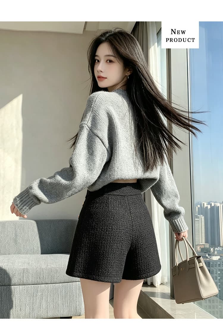 실사 털 모직 한 마디 와이드 레그 팬츠 반바지 이중 버튼 루즈핏 슬림해 보이는 하이웨이스트 캐주얼 바지 레깅스 착용 어린이 상세 이미지 24