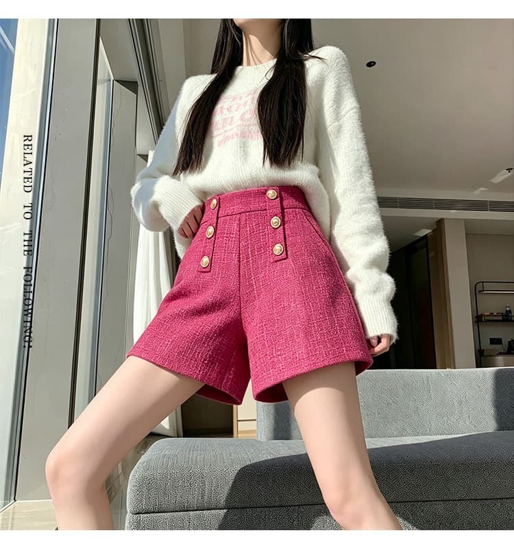 실사 털 모직 한 마디 와이드 레그 팬츠 반바지 이중 버튼 루즈핏 슬림해 보이는 하이웨이스트 캐주얼 바지 레깅스 착용 어린이 상세 이미지 30
