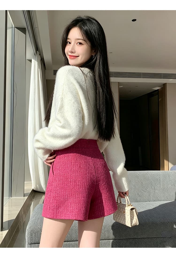실사 털 모직 한 마디 와이드 레그 팬츠 반바지 이중 버튼 루즈핏 슬림해 보이는 하이웨이스트 캐주얼 바지 레깅스 착용 어린이 상세 이미지 36