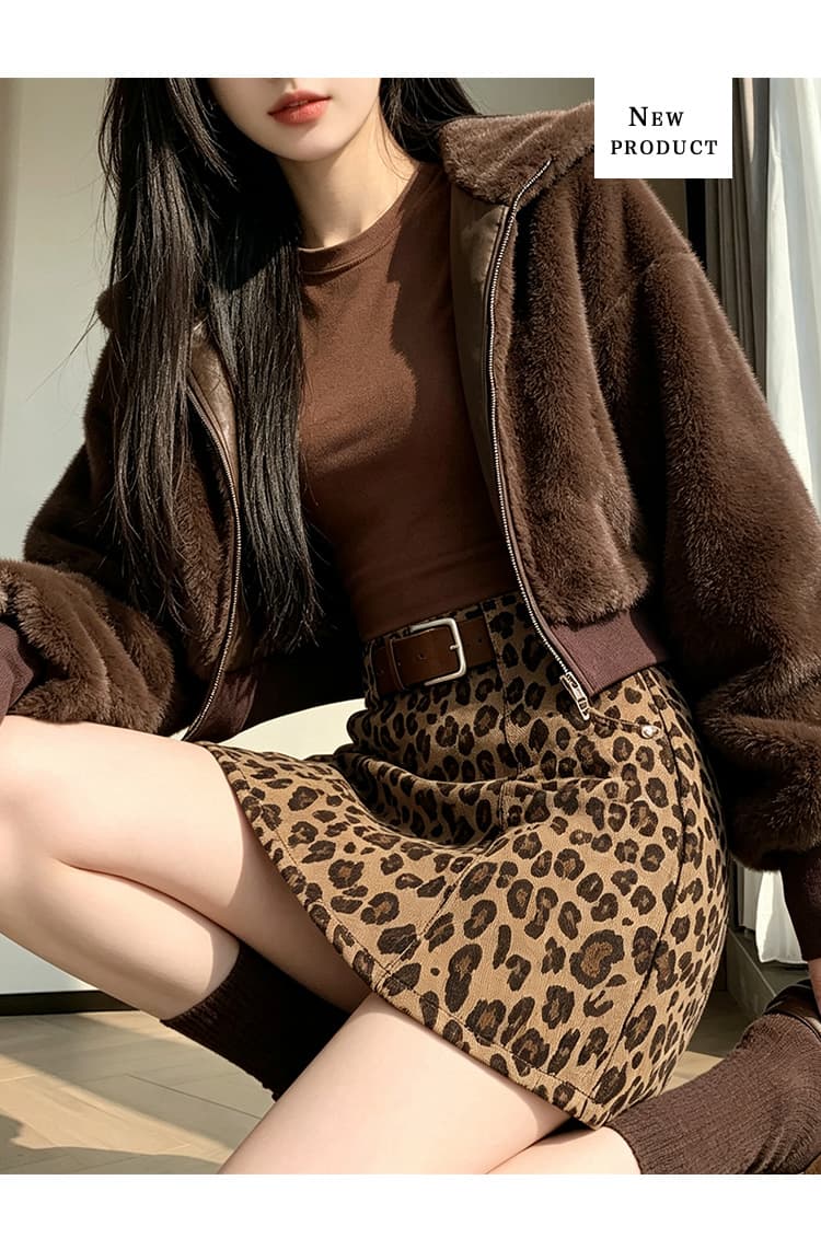 커피 색상 레오파드 무늬 미니 스커트 여성 가을과 겨울 고급 자이언트 잘 생긴 반신 스커트 아메리칸 핫걸 노출 방지 한 마디 타이트 스커트 상세 이미지 11