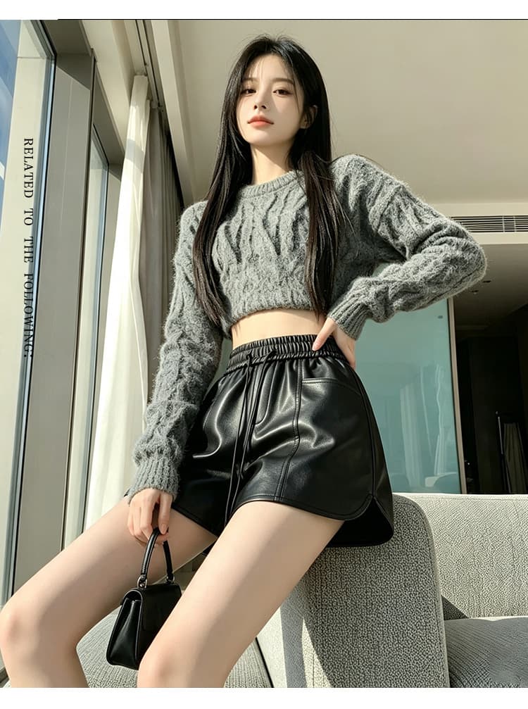 실사 2026 가을 새로운 pu 가죽 반바지 여성 하이웨이스트 밴딩 루즈핏 슬림해 보이는 다용도 한 마디 와이드 레그 팬츠 부츠 팬츠 상세 이미지 23
