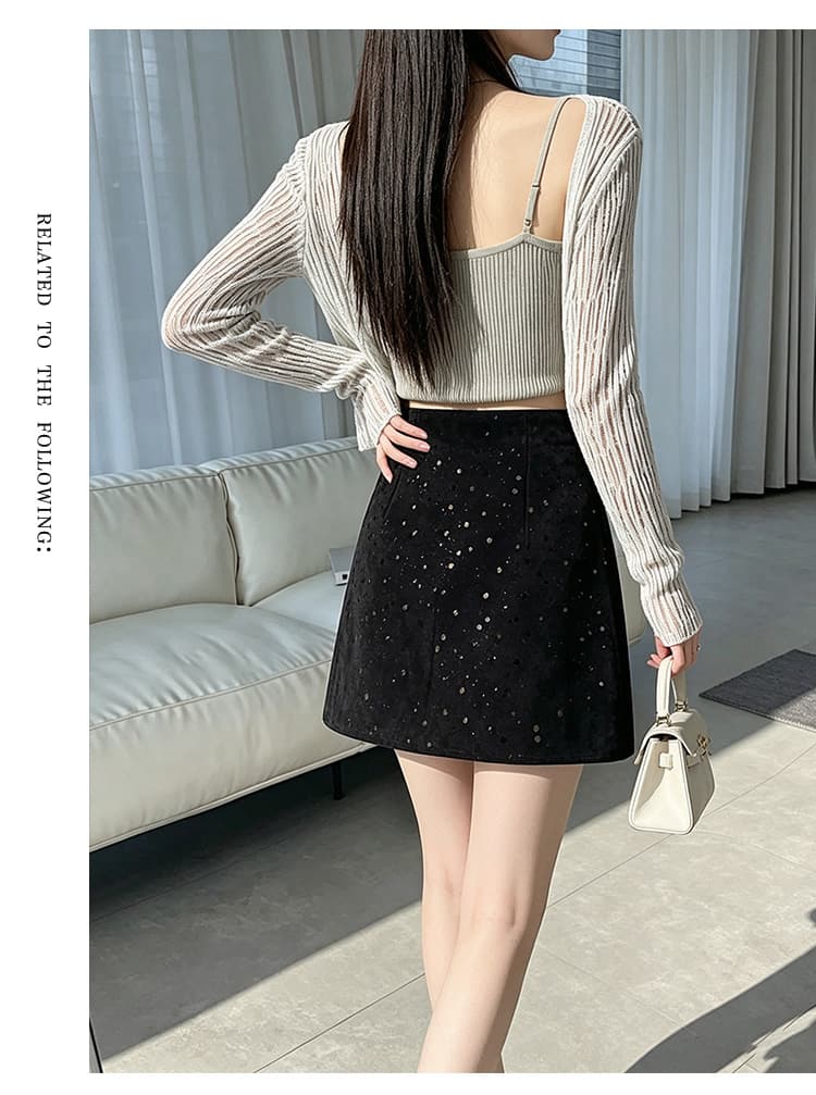 실사 스팽글 자수 스웨이드 원단 반신 스커트 여성 가을 겨울 다용도 레트로 타이트 스커트 하이웨이스트 슬림해 보이는 한 마디 미니 스커트 상세 이미지 16