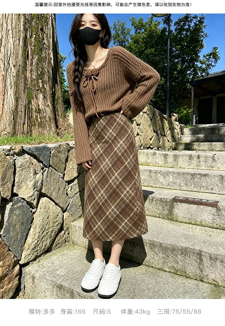 실사 체크무늬 모직 반신 스커트 여성 작은 키 반 스커트 가을 겨울 중간 길이 A라인 스커트 스트레이트 체크무늬 체크 스커트 상세 이미지 7