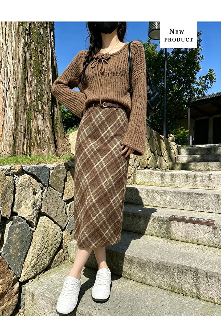 실사 체크무늬 모직 반신 스커트 여성 작은 키 반 스커트 가을 겨울 중간 길이 A라인 스커트 스트레이트 체크무늬 체크 스커트 상세 이미지 10