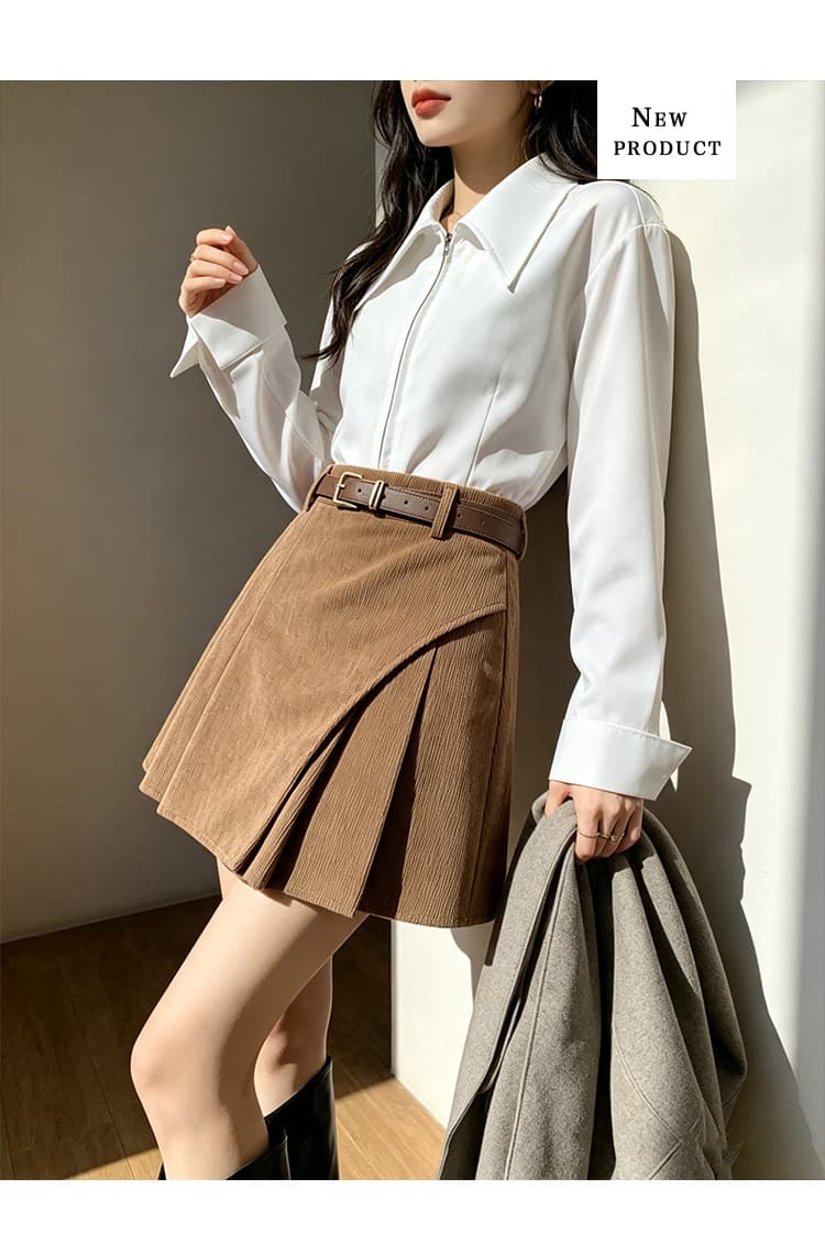 실사 한 부서 코듀로이 반신 스커트 여성 하이웨이스트 비대칭 디자인 센스 플리츠 안감 레트로 슬림해 보이는 짧은 치마 상세 이미지 10