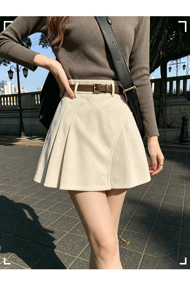실사 한 부서 코듀로이 반신 스커트 여성 하이웨이스트 비대칭 디자인 센스 플리츠 안감 레트로 슬림해 보이는 짧은 치마 상세 이미지 18