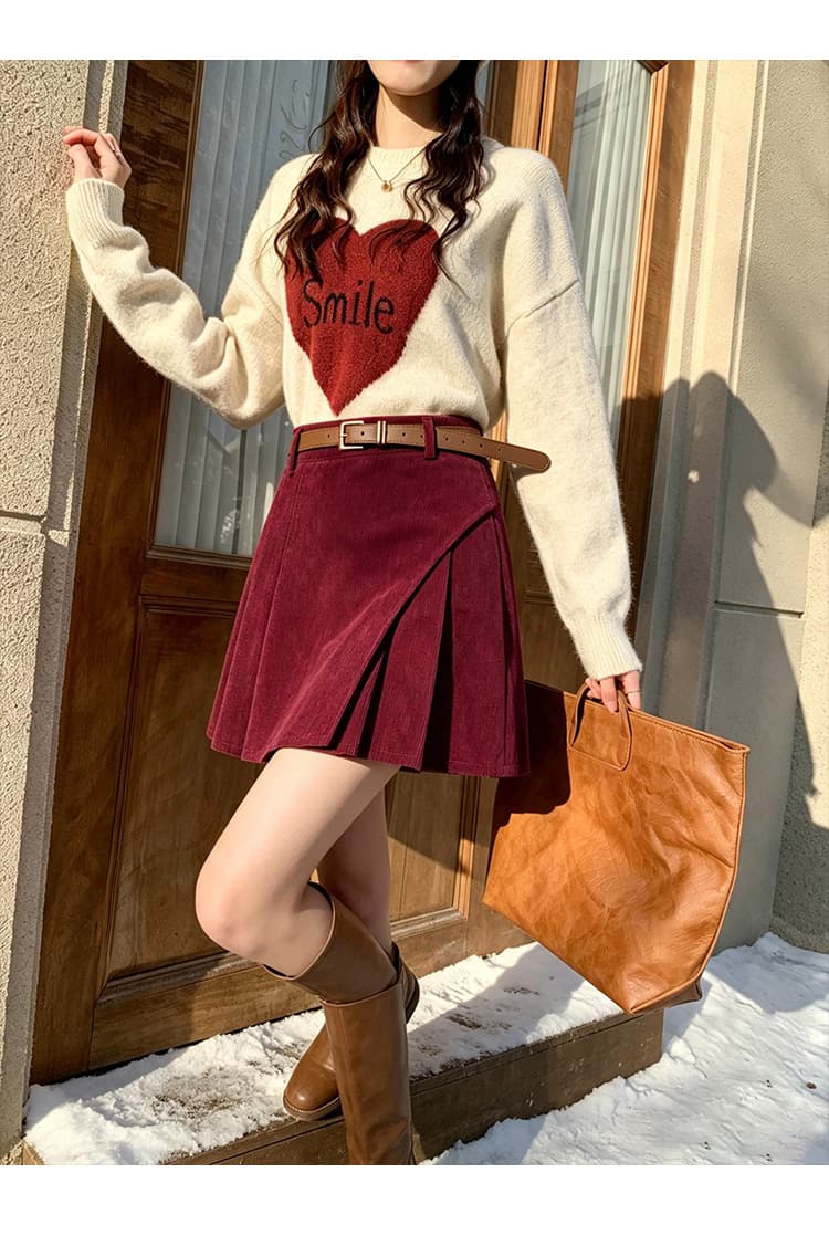 실사 한 부서 코듀로이 반신 스커트 여성 하이웨이스트 비대칭 디자인 센스 플리츠 안감 레트로 슬림해 보이는 짧은 치마 상세 이미지 22