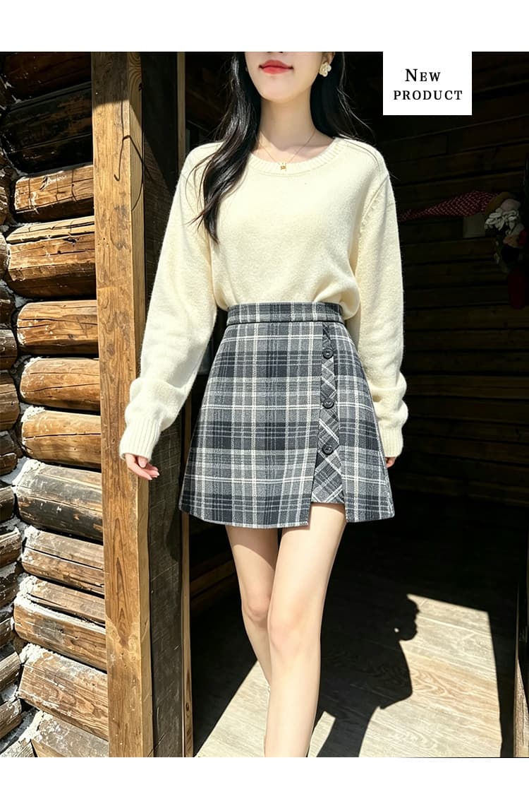 실사 2026 년 가을 새로운 하이웨이스트 폭발 체크무늬 모직 반신 스커트 불규칙 A라인 스커트 타이트 스커트 미니 스커트 상세 이미지 11