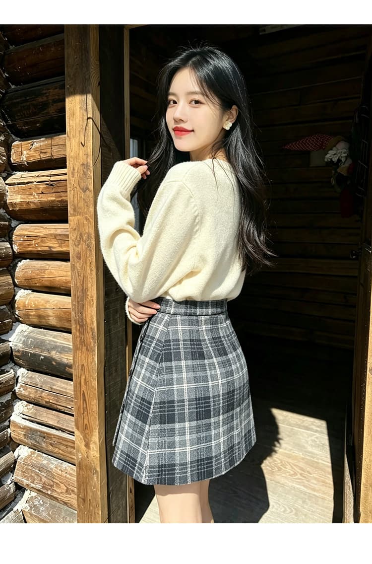 실사 2026 년 가을 새로운 하이웨이스트 폭발 체크무늬 모직 반신 스커트 불규칙 A라인 스커트 타이트 스커트 미니 스커트 상세 이미지 16