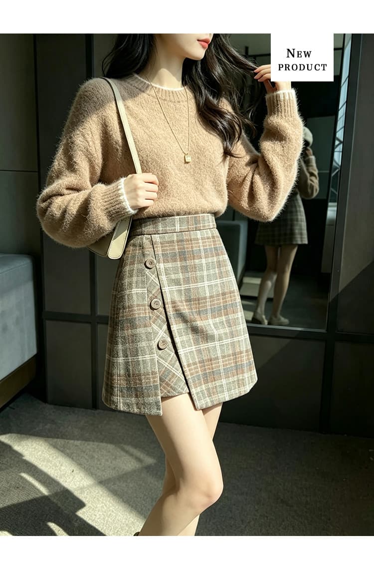 실사 2026 년 가을 새로운 하이웨이스트 폭발 체크무늬 모직 반신 스커트 불규칙 A라인 스커트 타이트 스커트 미니 스커트 상세 이미지 18