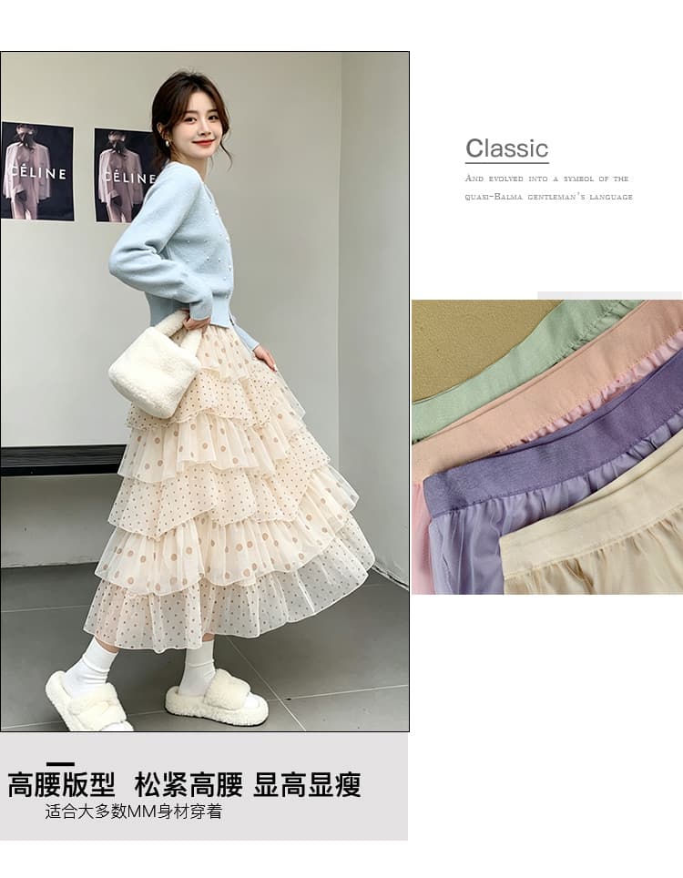 무거운 작업 패치워크 도트 무늬 망사 케이크 드레스 반신 스커트 여성 여름 새로운 슬림해 보이는 치마 롱 스커트 반 스커트 우산 치마 상세 이미지 3