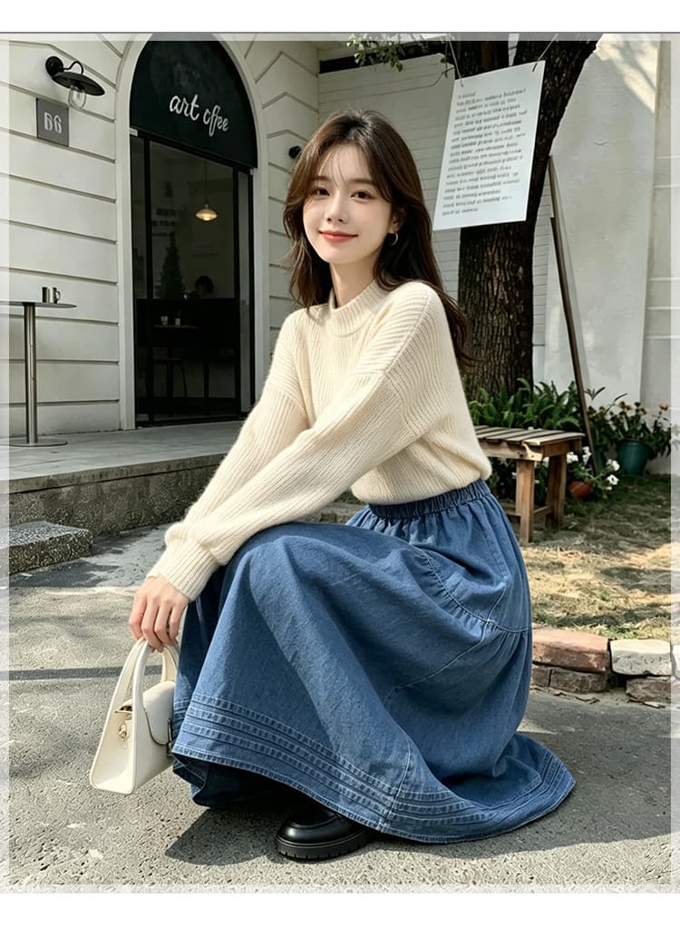 실사 데님 반신 스커트 여성 2026 가을 하이웨이스트 슬림해 보이는 한 마디 큰 진자 우산 치마 중간 길이 표지 넓적 다리 배 모양 상세 이미지 26