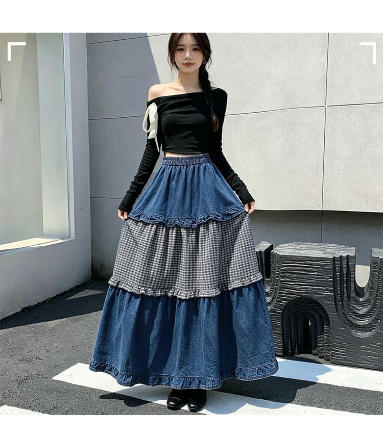 실사 프랑스식 레트로 자이언트 잘 생긴 데님 스커트 여성 2026 가을 패치워크 체크무늬 프릴 케이크 큰 진자 롱 스커트 상세 이미지 10
