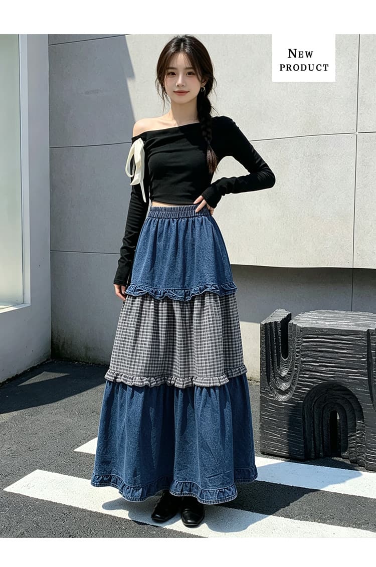 실사 프랑스식 레트로 자이언트 잘 생긴 데님 스커트 여성 2026 가을 패치워크 체크무늬 프릴 케이크 큰 진자 롱 스커트 상세 이미지 16