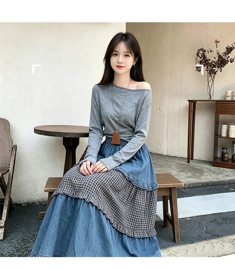 실사 프랑스식 레트로 자이언트 잘 생긴 데님 스커트 여성 2026 가을 패치워크 체크무늬 프릴 케이크 큰 진자 롱 스커트 상세 이미지 20
