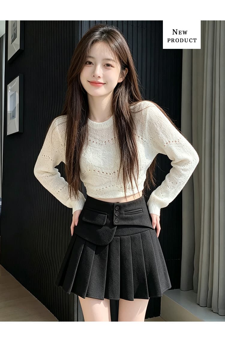 실사 미니 스커트 여성 가을 겨울 하이웨이스트 슬림해 보이는 작은 키 불규칙 한 마디 품격 두꺼운 모직 반신 플리츠 스커트 상세 이미지 11