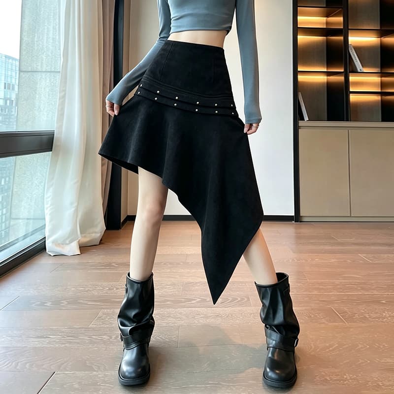 실사 디자인 센스 가을 겨울 레트로 사슴 캐시미어 불규칙 프릴 한 마디 반신 스커트 핫걸 바람 미니 스커트 중간 스커트 이미지 5