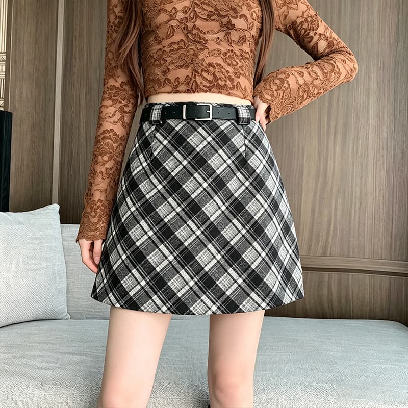 실사 가을 겨울 새로운 한국 스타일 모직 레트로 하이웨이스트 chic 보온 비스듬한 그리드 타이트 스커트 한 마디 반신 스커트 보내기 벨트 이미지 3