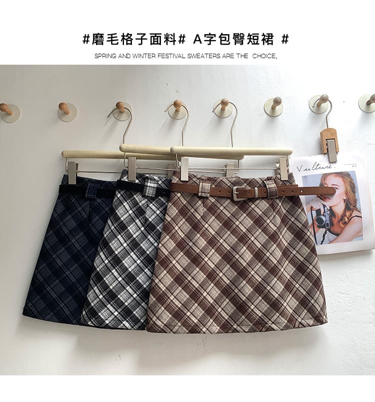 실사 가을 겨울 새로운 한국 스타일 모직 레트로 하이웨이스트 chic 보온 비스듬한 그리드 타이트 스커트 한 마디 반신 스커트 보내기 벨트 상세 이미지 2