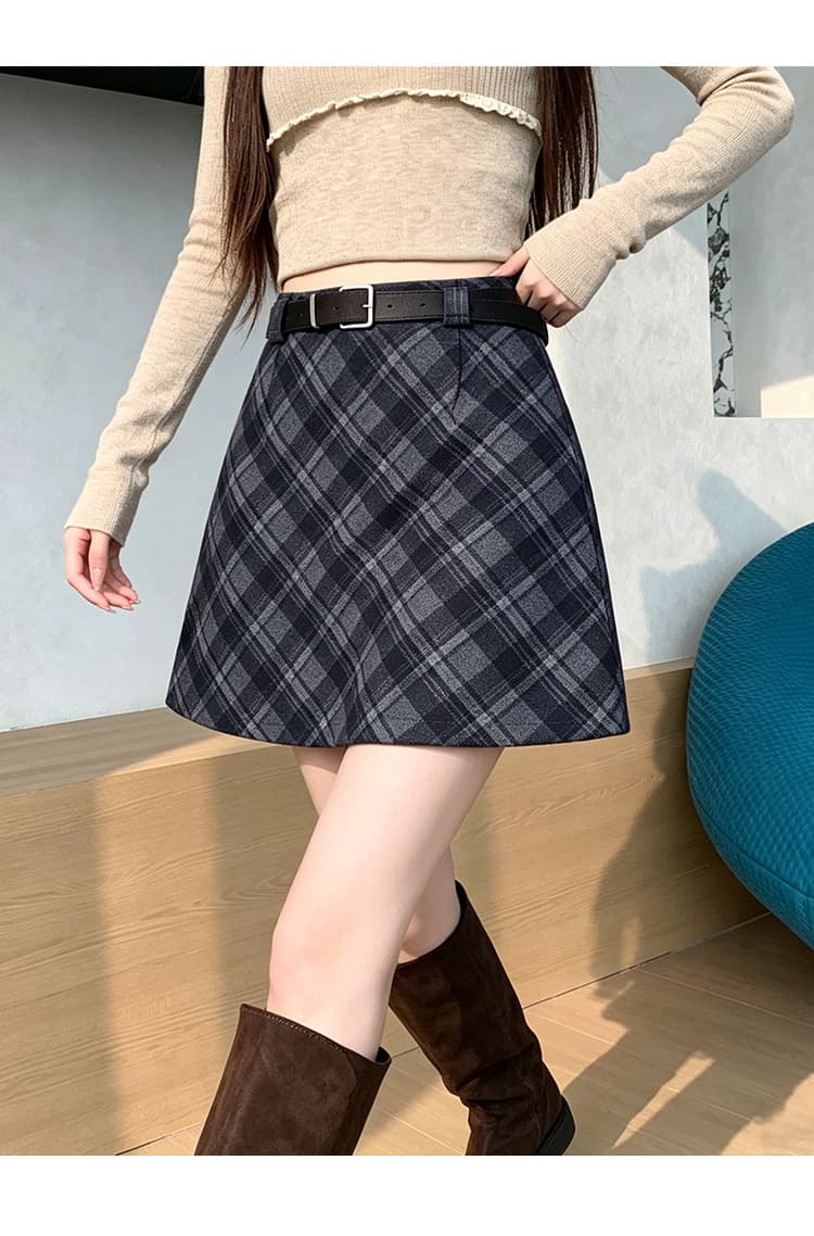 실사 가을 겨울 새로운 한국 스타일 모직 레트로 하이웨이스트 chic 보온 비스듬한 그리드 타이트 스커트 한 마디 반신 스커트 보내기 벨트 상세 이미지 11