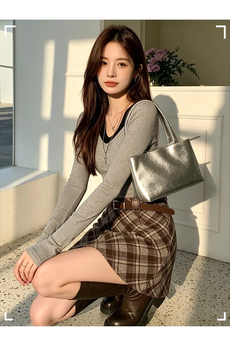 실사 가을 겨울 새로운 한국 스타일 모직 레트로 하이웨이스트 chic 보온 비스듬한 그리드 타이트 스커트 한 마디 반신 스커트 보내기 벨트 상세 이미지 18