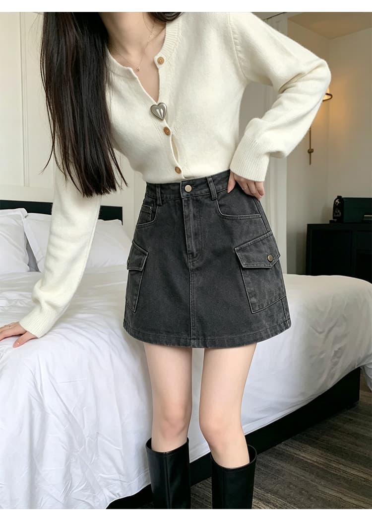 실사 한 마디 미니 스커트 여성 2026 가을 겨울 워크웨어 치마 하이웨이스트 워싱 데님 노출 방지 반바지 타이트 스커트 반신 스커트 상세 이미지 13