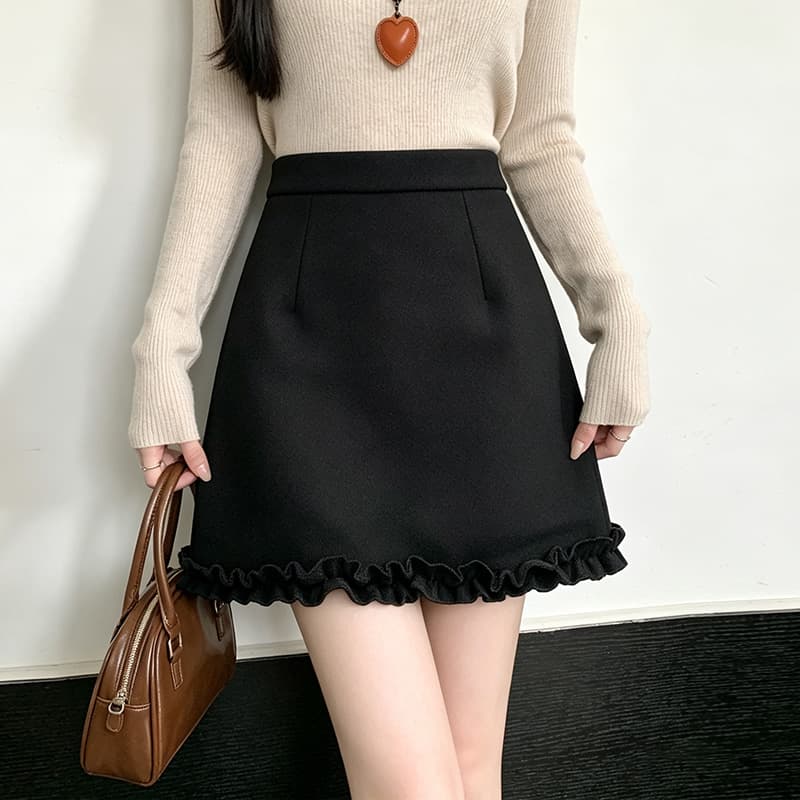 실사 프랑스식 회색 모직 퍼프 미니 스커트 2026 년 가을 겨울철 작은 키 레이스 프릴 반신 치마 이미지 3