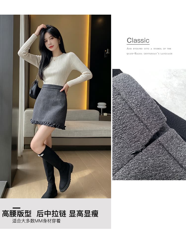 실사 프랑스식 회색 모직 퍼프 미니 스커트 2026 년 가을 겨울철 작은 키 레이스 프릴 반신 치마 상세 이미지 3