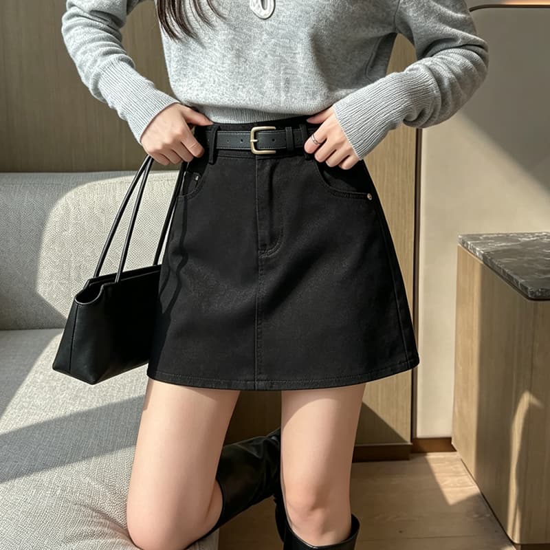실사 한 마디 미니 스커트 여성 2026 가을 겨울 워크웨어 치마 하이웨이스트 워싱 데님 노출 방지 반바지 타이트 스커트 반신 스커트 이미지 3