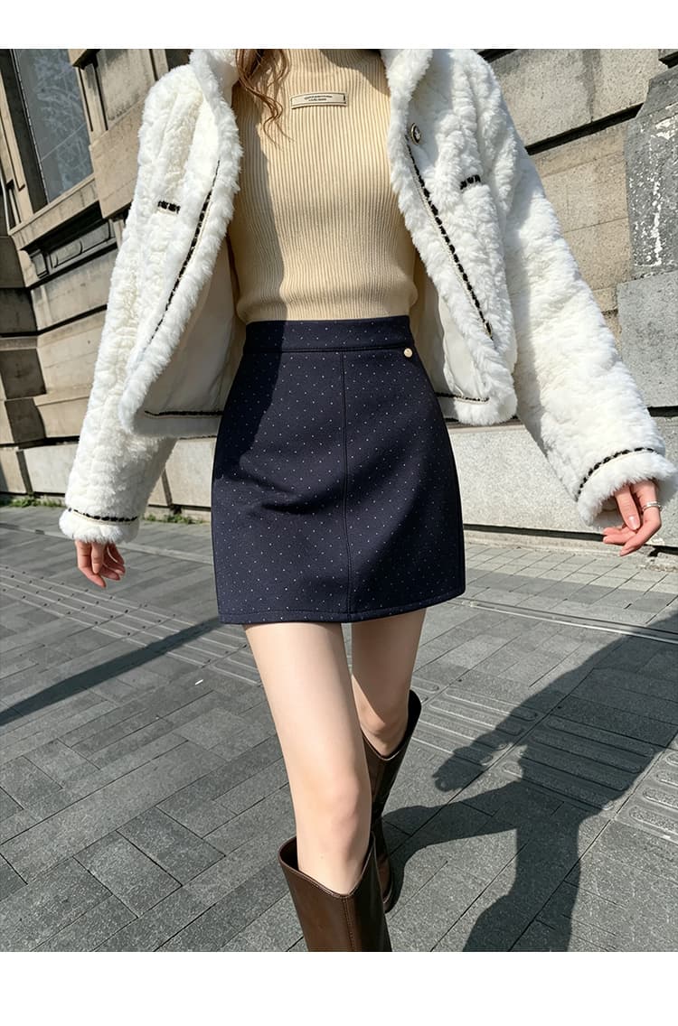 실사 가을 겨울 한국 스타일 레트로 도트 무늬 우 드레스 하이웨이스트 chic 보온 모직 타이트 스커트 한 마디 반신 스커트 미니 스커트 상세 이미지 15