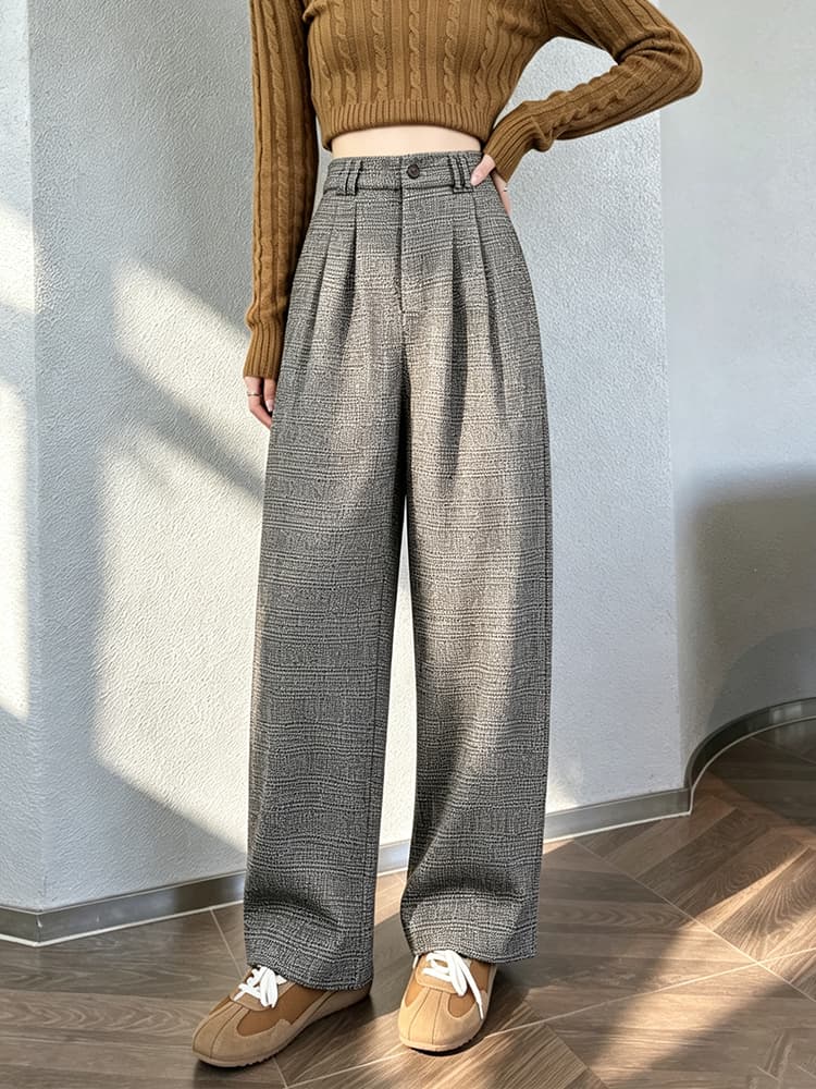 실사 2026 가을 겨울 아메리칸 오래된 돈 바람 꽃 회색 질감 모직 출퇴근 바람 명중 Pleat 마이크로 넓은 한 마디 캐주얼 긴 바지 이미지 5