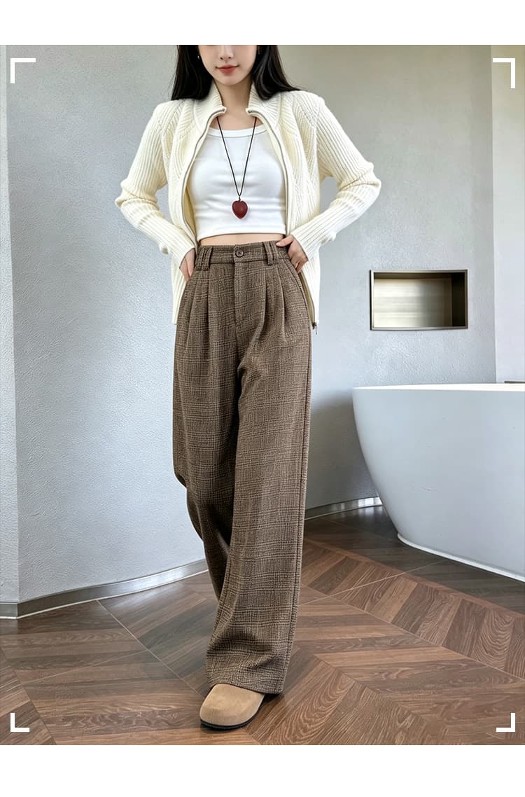 실사 2026 가을 겨울 아메리칸 오래된 돈 바람 꽃 회색 질감 모직 출퇴근 바람 명중 Pleat 마이크로 넓은 한 마디 캐주얼 긴 바지 상세 이미지 19